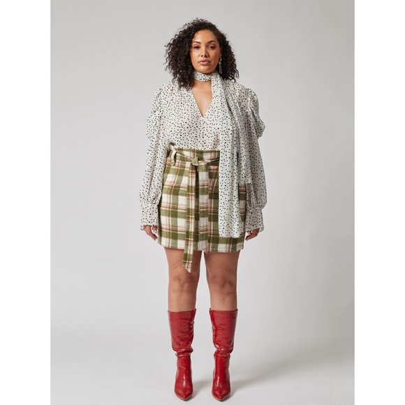 NEW Paperbag Waist Plaid Fuzzy Knit Belted Skirt - Picture 4 of 15